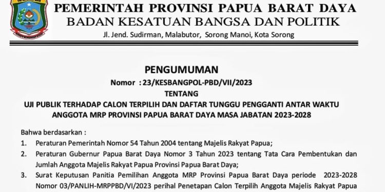 PENGUMUMAN JADWAL UJI PUBLIK SERTA NAMA-NAMA CALON TERPILIH DAN DAFTAR TUNGGU PAW ANGGOTA MRP PAPUA BARAT DAYA MASA JABATAN 2023-2028